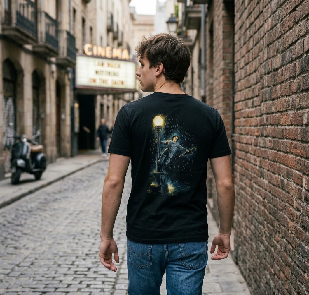 Person wearing a YourShirts graphic tee in a cinema alley